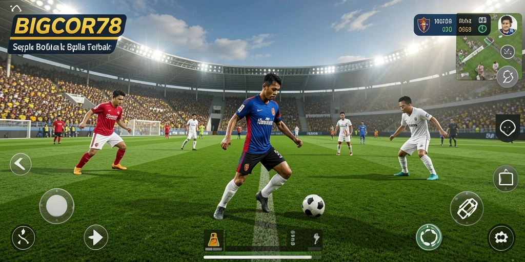Gameplay dinamis dalam BIGCOR78 yang menampilkan aksi sepak bola.