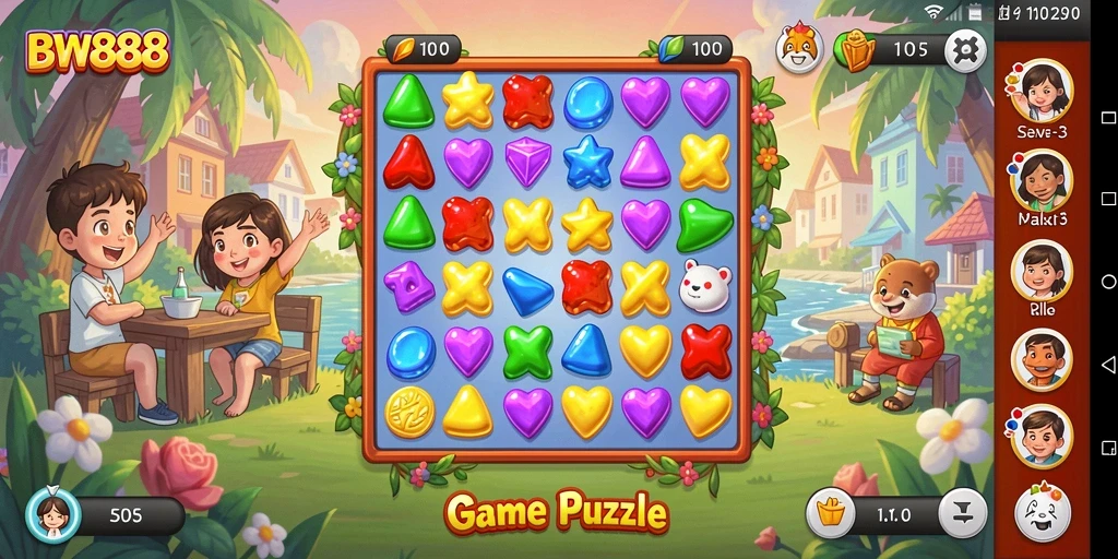 Tampilan screenshot game BW888 dengan gameplay Match-3 yang menawan.