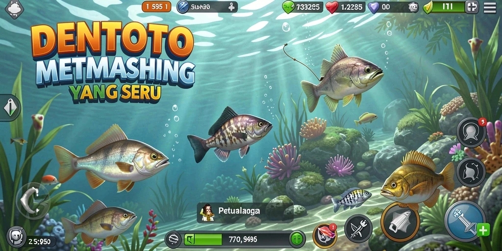 Tampilan gameplay DENTOTO dengan lingkungan memancing yang memukau.