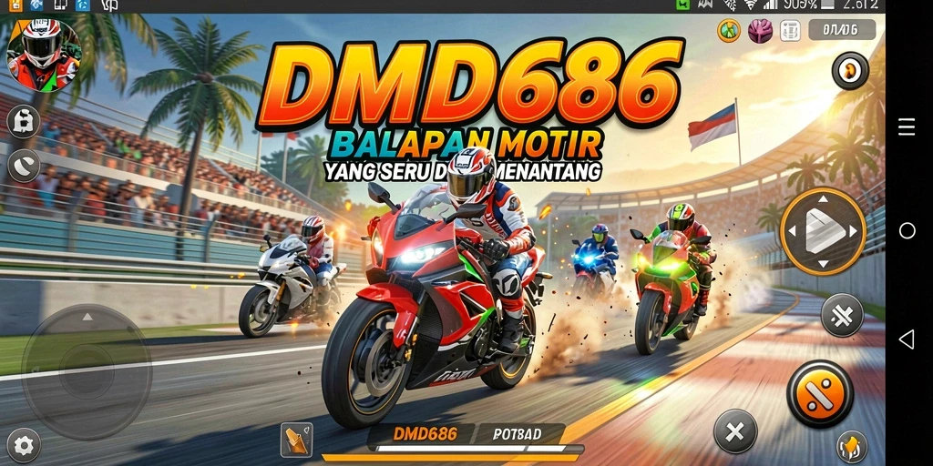 Screenshot DMD686 menampilkan aksi balapan motor yang mendebarkan.