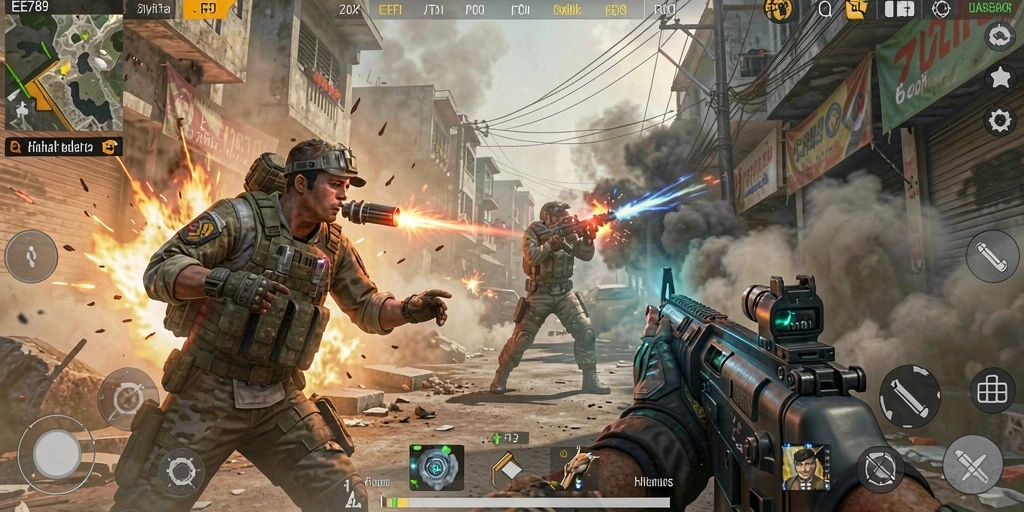 Screenshot dari gameplay EE789 menunjukkan aksi menegangkan dalam FPS.