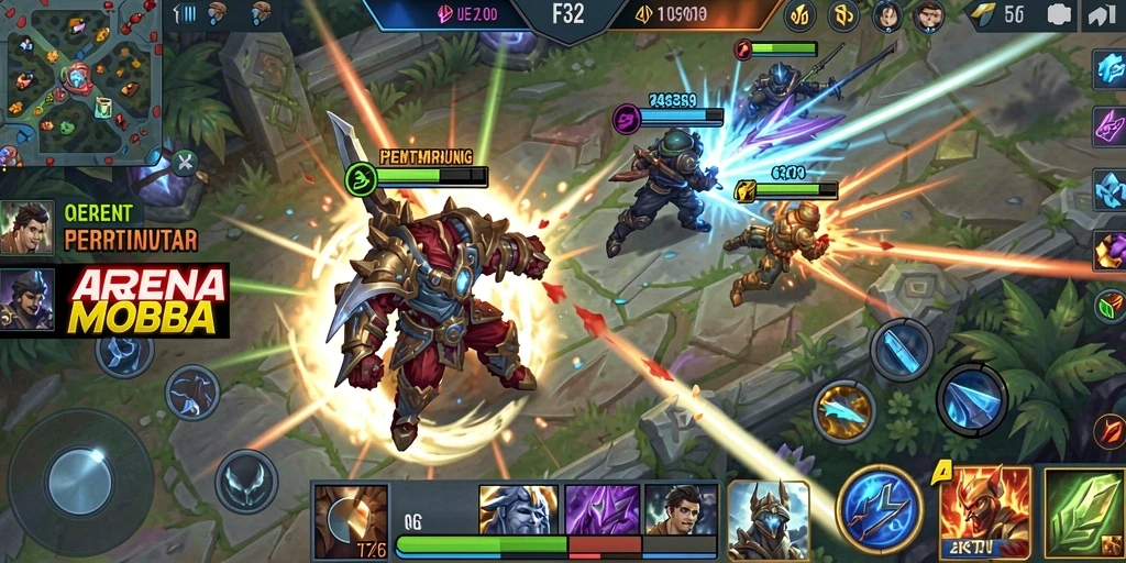 Tampilan gameplay seru F32 di arena MOBA.