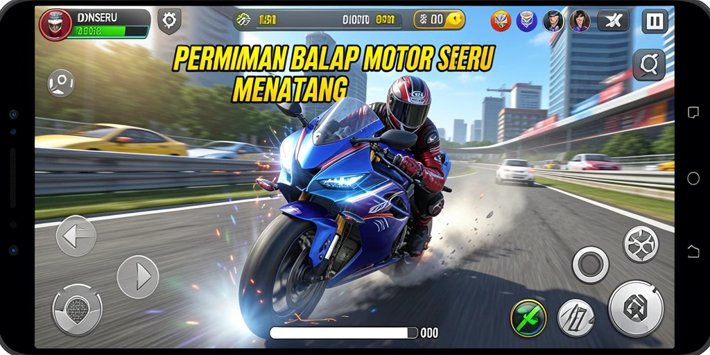 Tampilan gameplay balap motor yang menegangkan di IDNSERU.