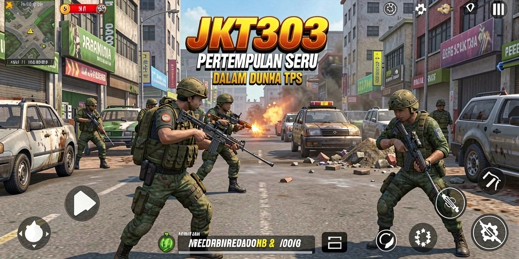 Screenshot utama JKT303 menunjukkan aksi pertempuran TPS yang seru dan mendebarkan.