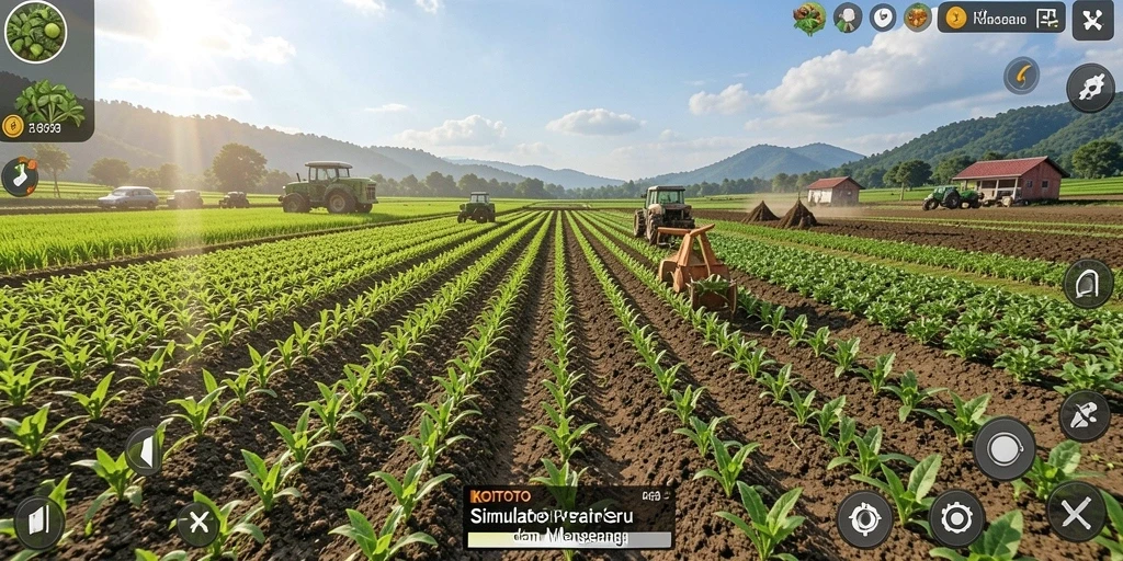Tampilan gameplay KOITOTO dengan ladang yang subur dan hewan ternak yang aktif.