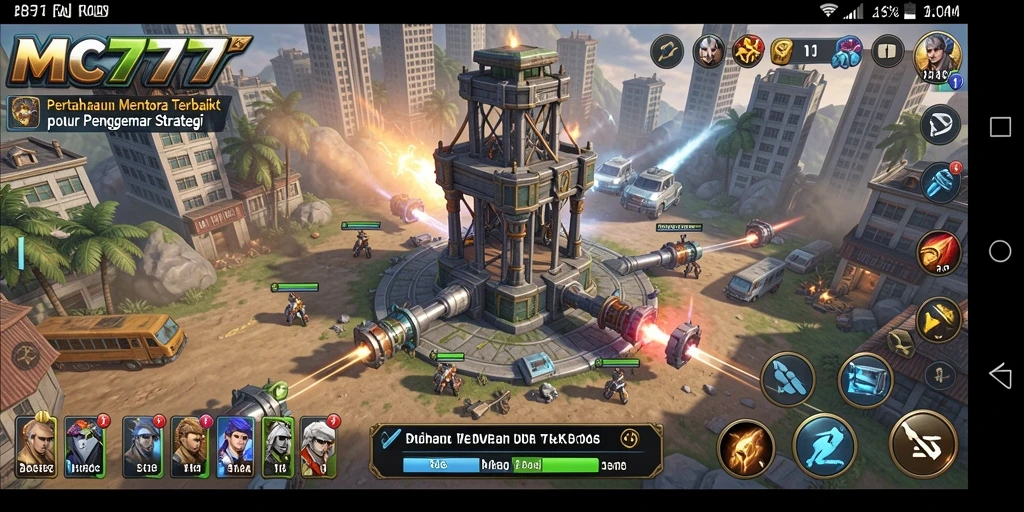 Screenshot MC777 menampilkan aksi pertahanan menara intens.