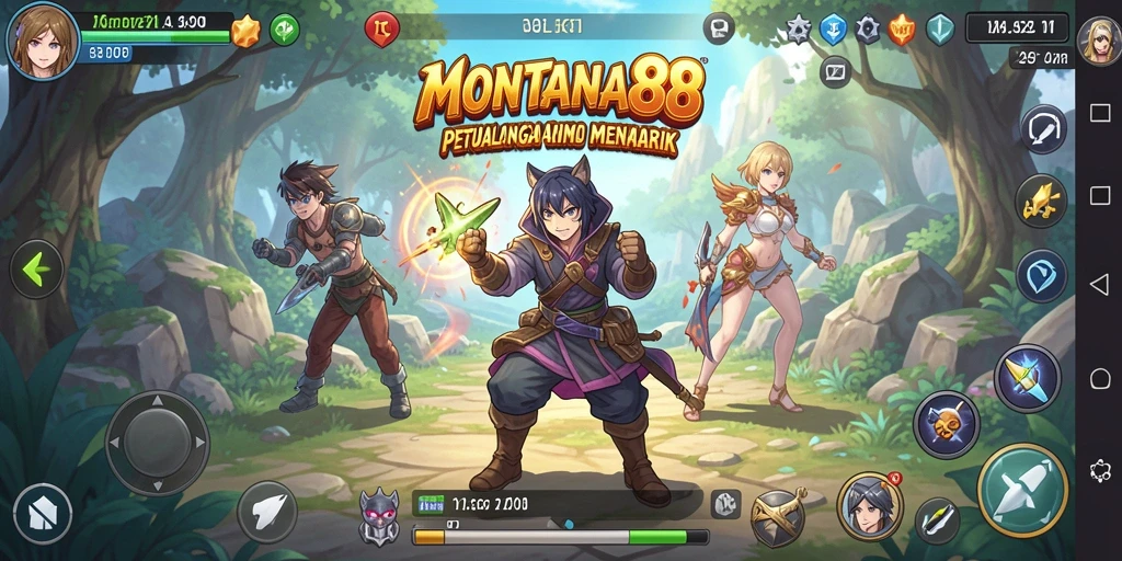 Screenshot gameplay MONTANA88 menampilkan karakter anime beraksi di dunia fantasi.