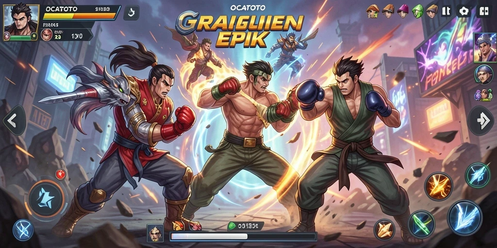 Screenshot gameplay OCATOTO menunjukkan pertarungan yang intens dan dinamis.