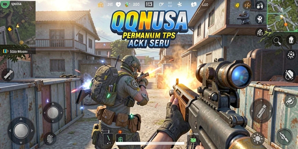 Screenshot utama QQNUSA menampilkan aksi tembak-menembak yang intens di medan perang.