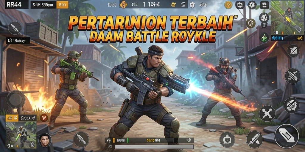 Tangkapan layar utama RR44 dengan aksi gameplay Battle Royale yang mendebarkan.