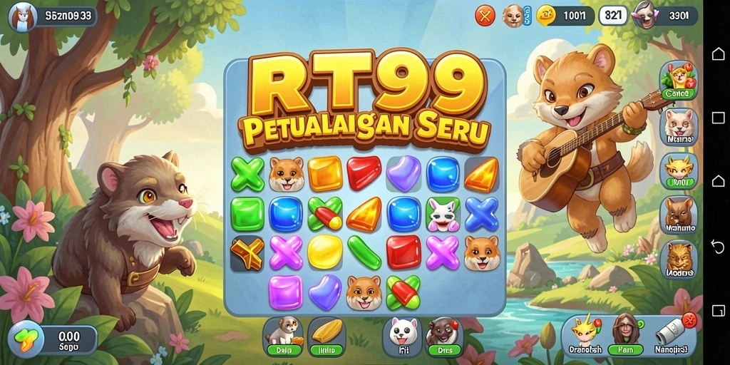 Screenshot utama RT99 menunjukkan gameplay Match-3 yang penuh warna dan tantangan.