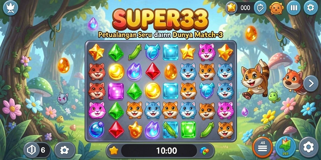 Menampilkan gameplay seru di dunia Match-3 yang penuh warna.