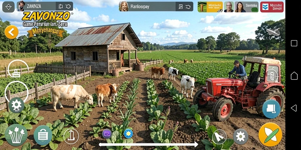 Screenshot gameplay ZAVONZO menampilkan ladang hijau yang subur dan tanaman yang penuh warna.